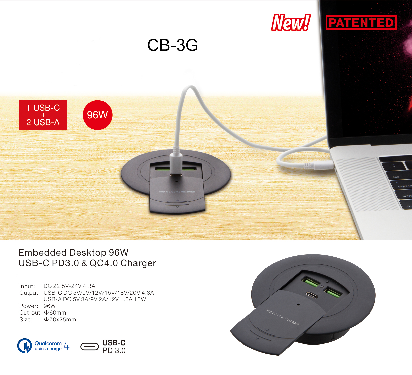 Commercial Office Desk Grommet Power Socket With 2 USB Chargers 30mm 